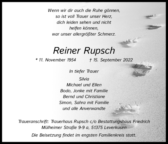 Anzeige von Reiner Rupsch von Kölner Stadt-Anzeiger / Kölnische Rundschau / Express