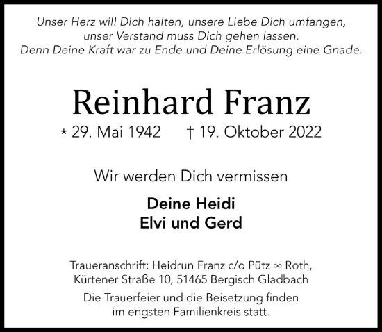 Anzeige von Reinhard Franz von  Bergisches Handelsblatt 