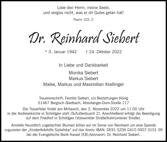Anzeige von Reinhard Siebert von Kölner Stadt-Anzeiger / Kölnische Rundschau / Express