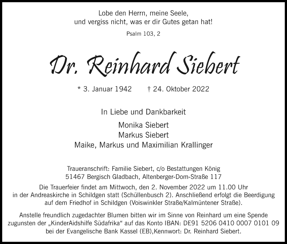  Traueranzeige für Reinhard Siebert vom 29.10.2022 aus Kölner Stadt-Anzeiger / Kölnische Rundschau / Express