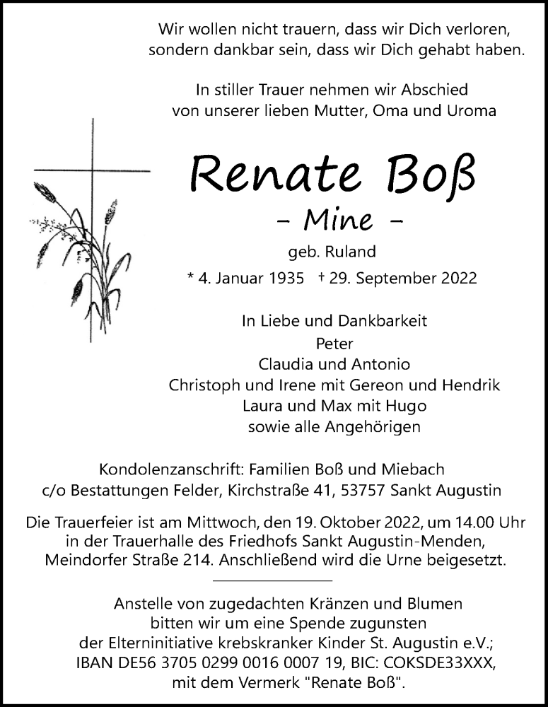  Traueranzeige für Renate Boß vom 08.10.2022 aus Kölner Stadt-Anzeiger / Kölnische Rundschau / Express