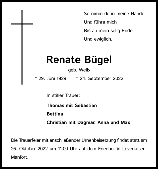 Anzeige von Renate Bügel von Kölner Stadt-Anzeiger / Kölnische Rundschau / Express