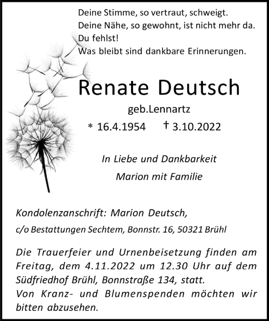 Anzeige von Renate Deutsch von  Schlossbote/Werbekurier 