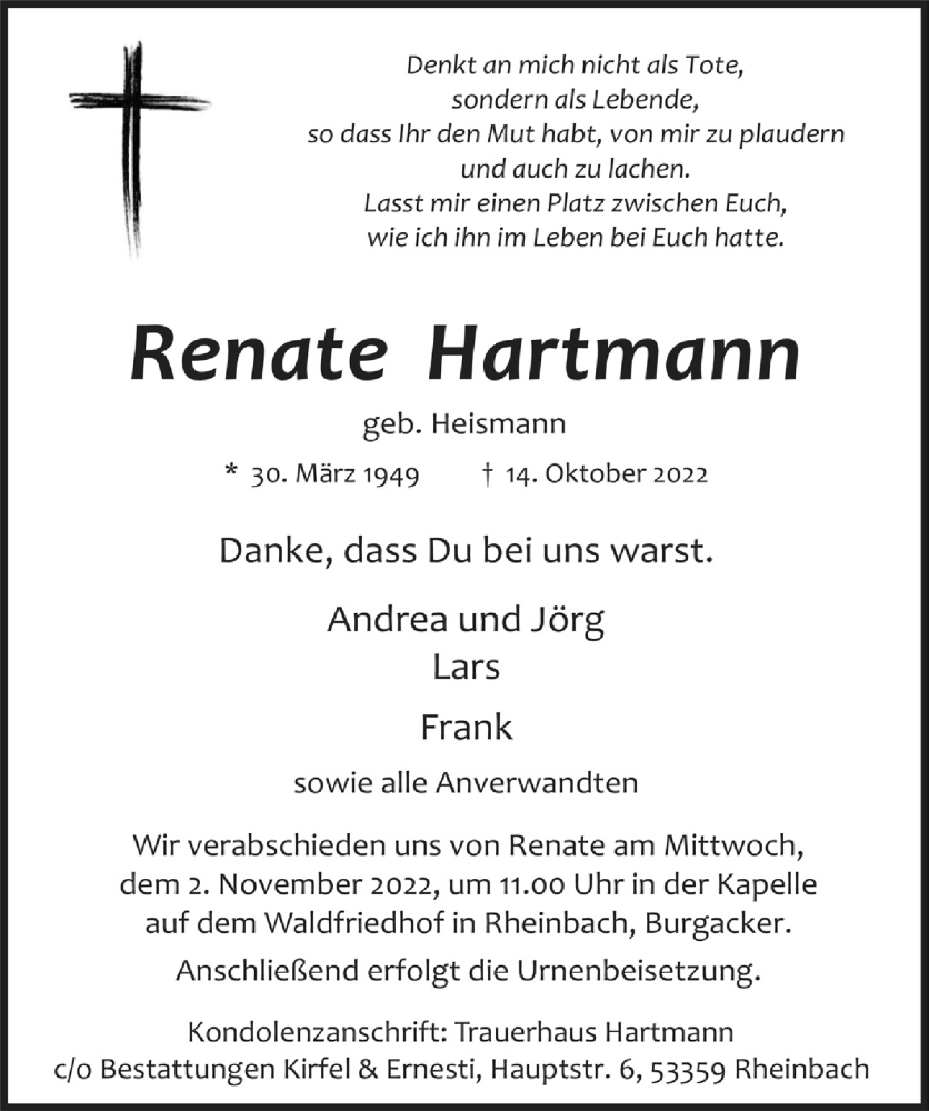  Traueranzeige für Renate Hartmann vom 28.10.2022 aus  Schaufenster/Blickpunkt 