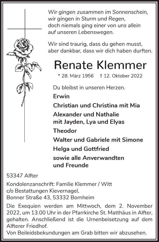  Traueranzeige für Renate Klemmer vom 21.10.2022 aus  Schaufenster/Blickpunkt 