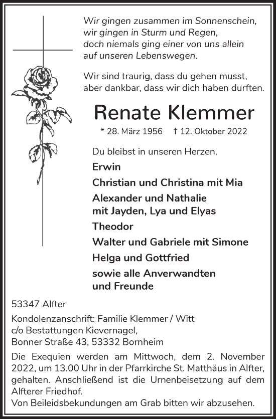 Anzeige von Renate Klemmer von  Schaufenster/Blickpunkt 