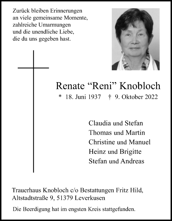 Anzeige von Renate Knobloch von Kölner Stadt-Anzeiger / Kölnische Rundschau / Express