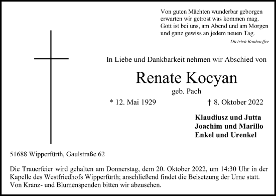Anzeige von Renate Kocyan von Kölner Stadt-Anzeiger / Kölnische Rundschau / Express