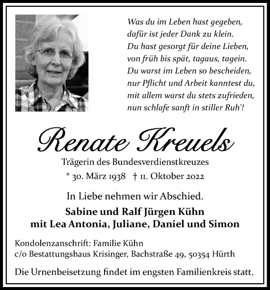 Anzeige von Renate Kreuels von Kölner Stadt-Anzeiger / Kölnische Rundschau / Express