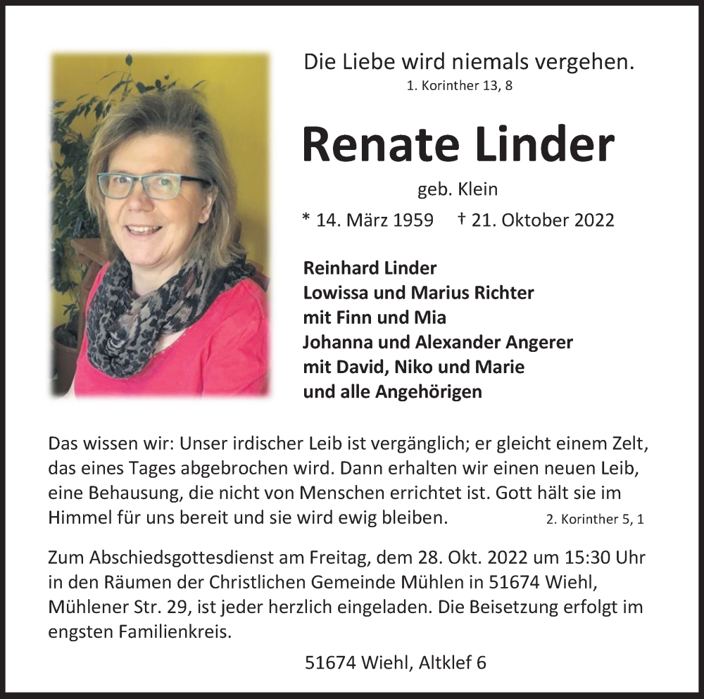  Traueranzeige für Renate Linder vom 26.10.2022 aus Kölner Stadt-Anzeiger / Kölnische Rundschau / Express