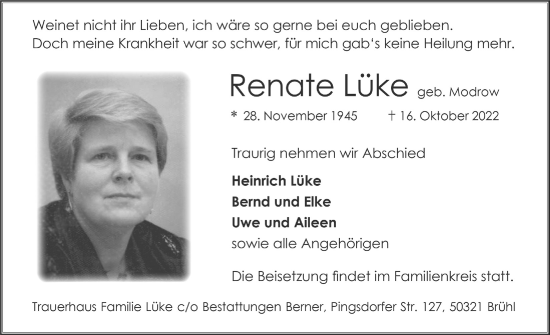 Anzeige von Renate Lüke von  Schlossbote/Werbekurier 