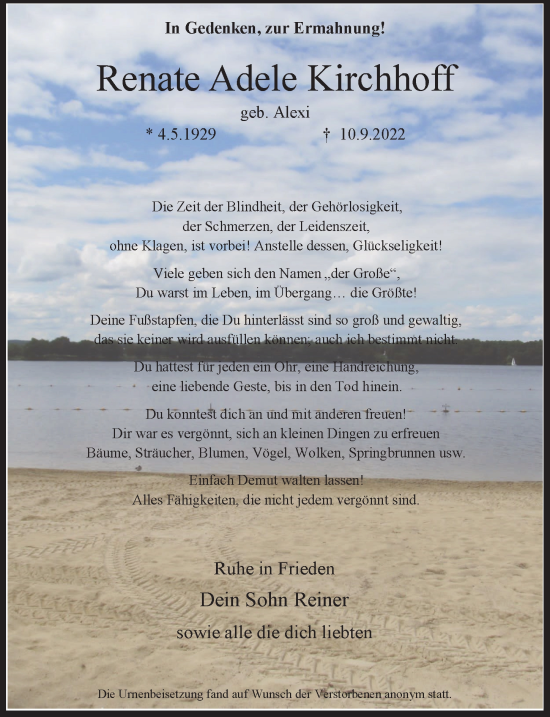 Anzeige von Renate Adele Kirchhoff von  Lokale Informationen 