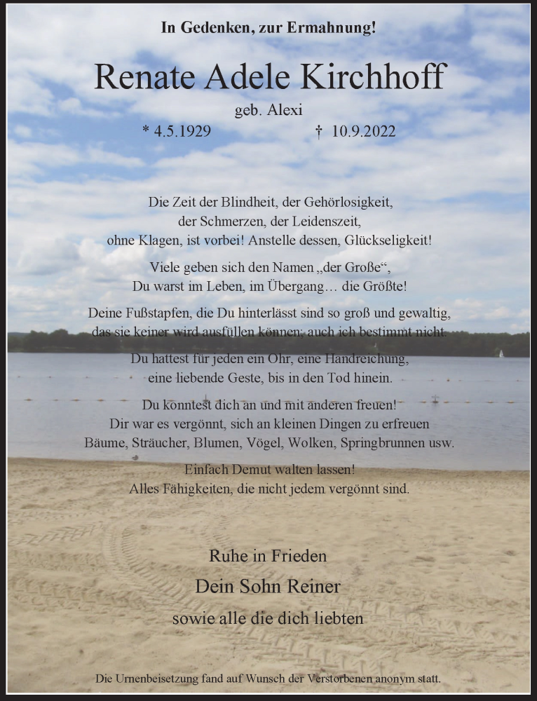  Traueranzeige für Renate Adele Kirchhoff vom 07.10.2022 aus  Lokale Informationen 
