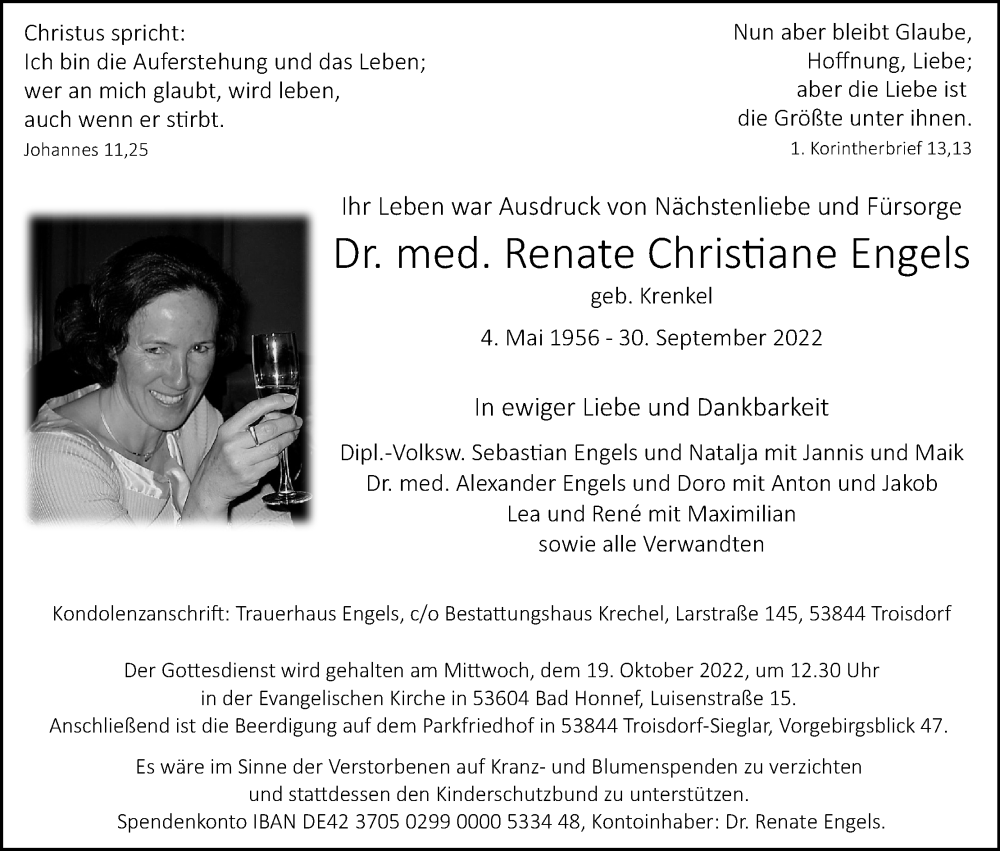  Traueranzeige für Renate Christiane Engels vom 15.10.2022 aus Kölner Stadt-Anzeiger / Kölnische Rundschau / Express