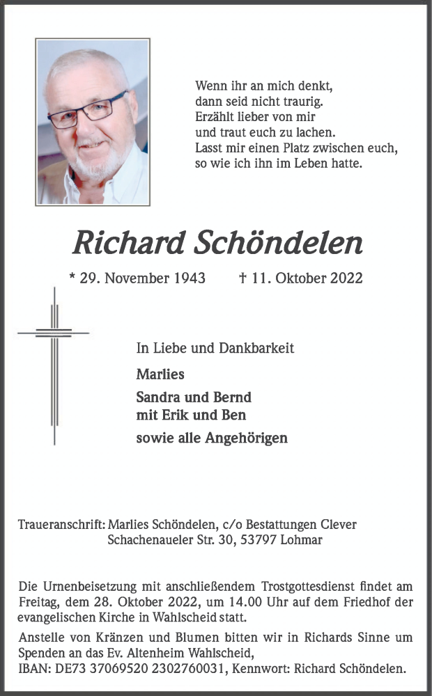  Traueranzeige für Richard Schöndelen vom 22.10.2022 aus Kölner Stadt-Anzeiger / Kölnische Rundschau / Express