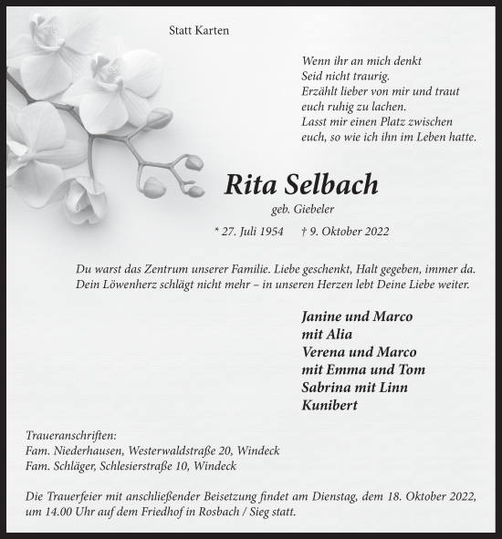 Anzeige von Rita Selbach von  Lokalanzeiger 
