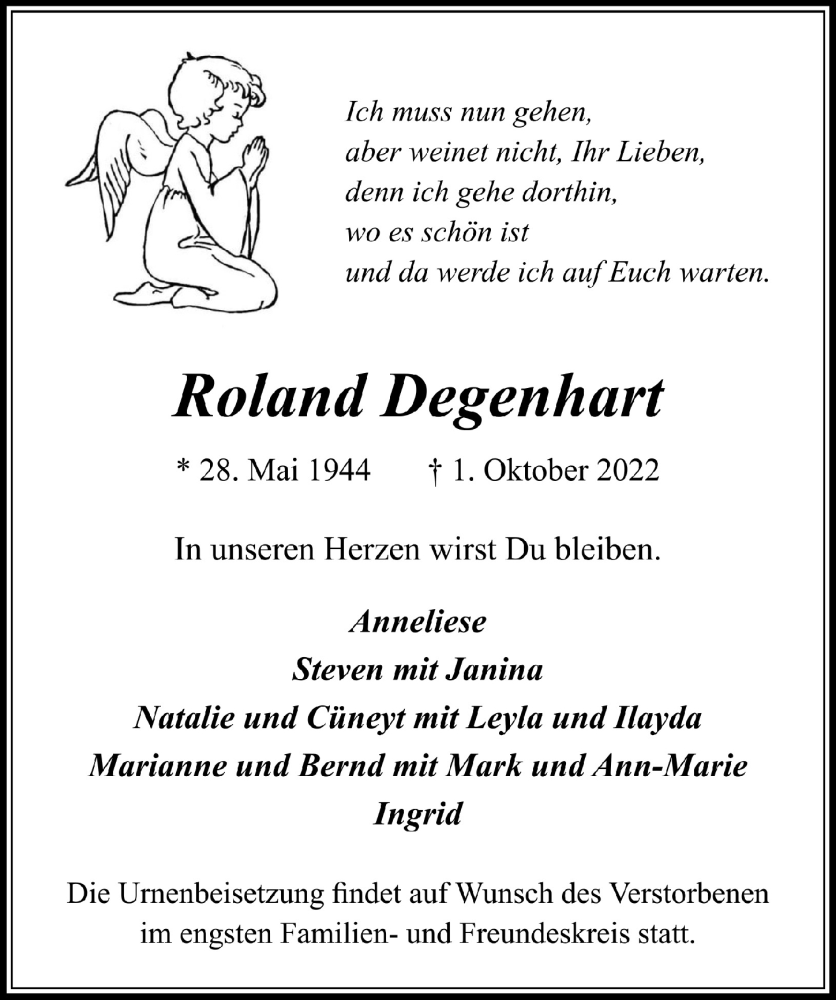  Traueranzeige für Roland Degenhart vom 14.10.2022 aus  Lokale Informationen 
