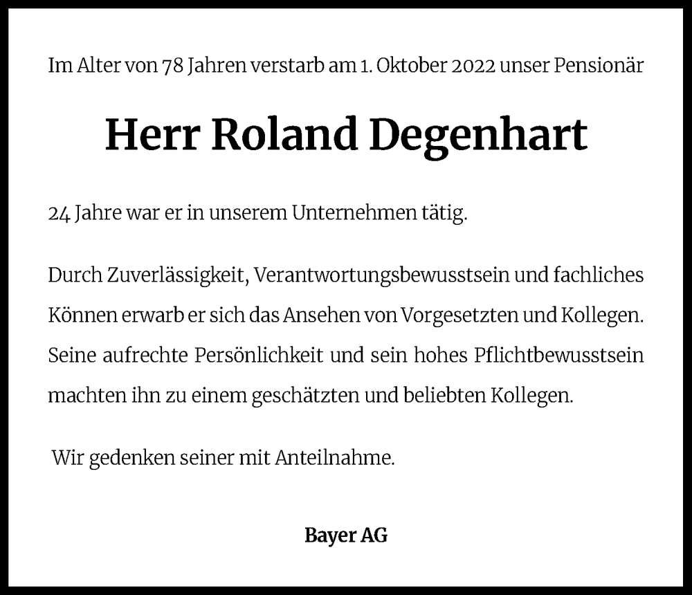  Traueranzeige für Roland Degenhart vom 15.10.2022 aus Kölner Stadt-Anzeiger / Kölnische Rundschau / Express