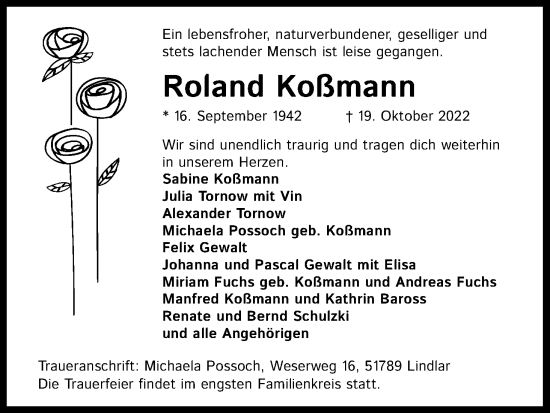 Anzeige von Roland Koßmann von Kölner Stadt-Anzeiger / Kölnische Rundschau / Express