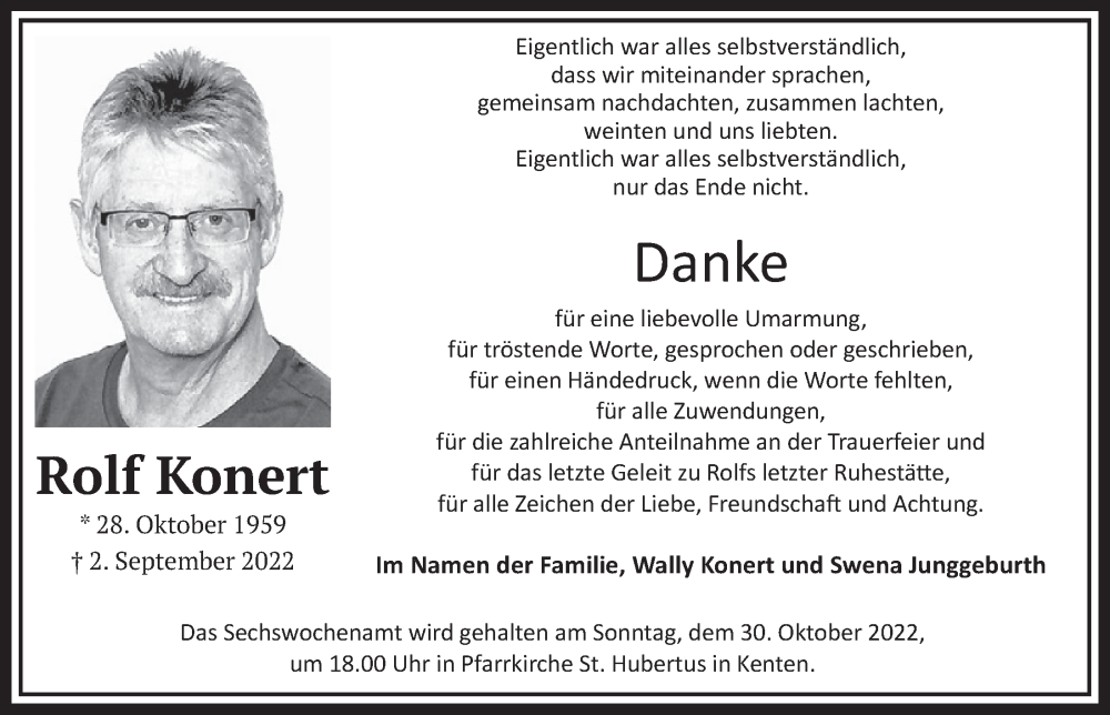  Traueranzeige für Rolf Konert vom 21.10.2022 aus  Werbepost 
