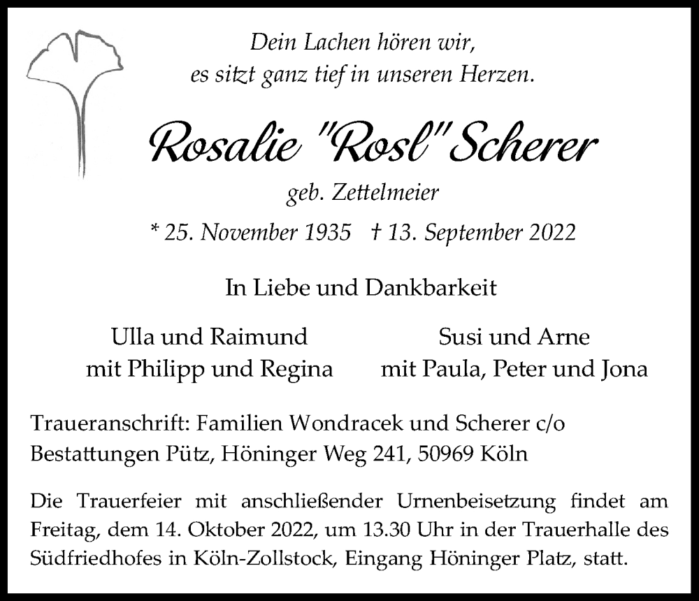 Traueranzeige für Rosalie Scherer vom 01.10.2022 aus Kölner Stadt-Anzeiger / Kölnische Rundschau / Express