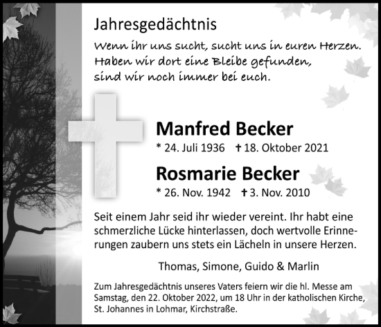 Anzeige von Rosemarie Becker von Kölner Stadt-Anzeiger / Kölnische Rundschau / Express