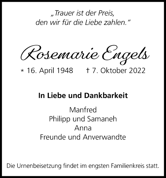 Anzeige von Rosemarie Engels von Kölner Stadt-Anzeiger / Kölnische Rundschau / Express