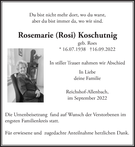 Anzeige von Rosemarie  Koschutnig von  Anzeigen Echo 