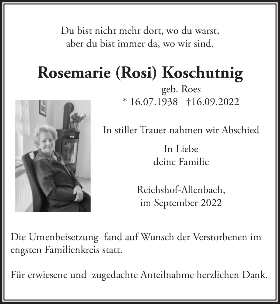  Traueranzeige für Rosemarie  Koschutnig vom 14.10.2022 aus  Anzeigen Echo 