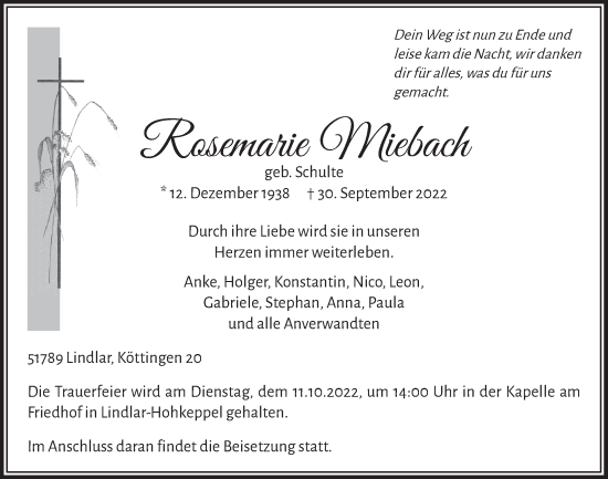 Anzeige von Rosemarie Miebach von  Bergisches Handelsblatt  Anzeigen Echo 