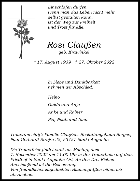 Anzeige von Rosi Claußen von Kölner Stadt-Anzeiger / Kölnische Rundschau / Express