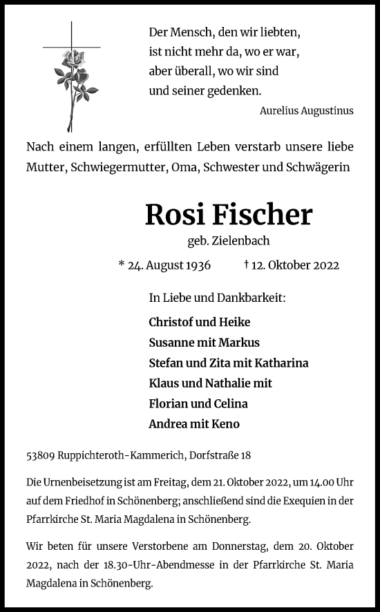 Anzeige von Rosi Fischer von Kölner Stadt-Anzeiger / Kölnische Rundschau / Express