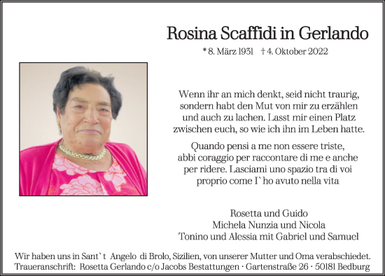 Anzeige von Rosina Scaffidi in Gerlando von  Werbepost 