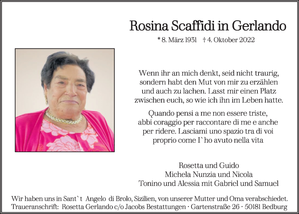  Traueranzeige für Rosina Scaffidi in Gerlando vom 21.10.2022 aus  Werbepost 