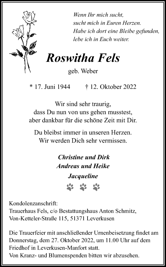 Anzeige von Roswitha Fels von Kölner Stadt-Anzeiger / Kölnische Rundschau / Express