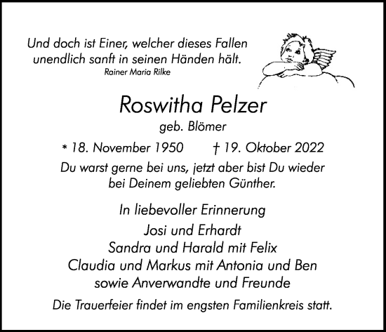 Anzeige von Roswitha Pelzer von Kölner Stadt-Anzeiger / Kölnische Rundschau / Express