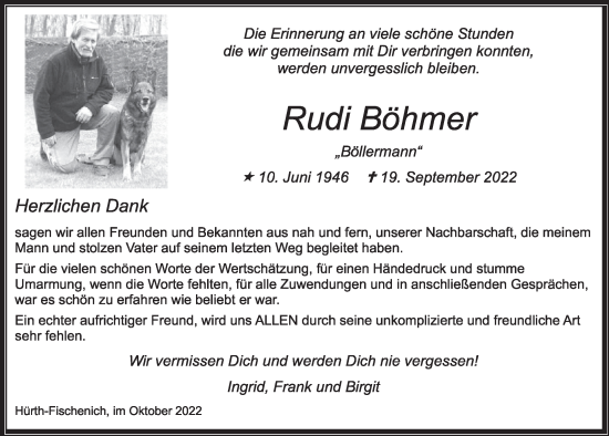 Anzeige von Rudi Böhmer von  Wochenende 