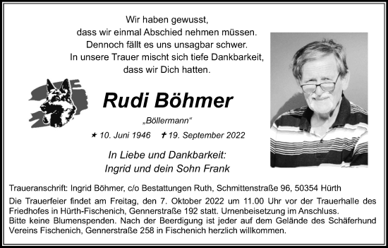 Anzeige von Rudi Böhmer von Kölner Stadt-Anzeiger / Kölnische Rundschau / Express