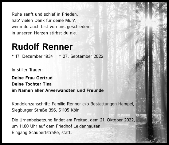 Anzeige von Rudolf Renner von Kölner Stadt-Anzeiger / Kölnische Rundschau / Express