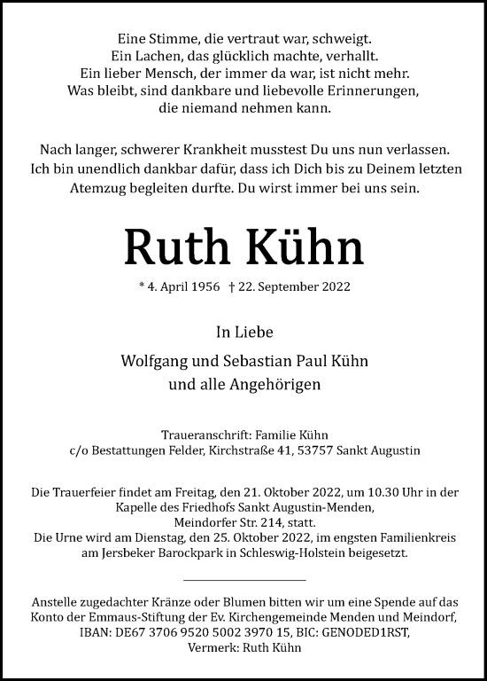 Anzeige von Ruth Kühn von Kölner Stadt-Anzeiger / Kölnische Rundschau / Express