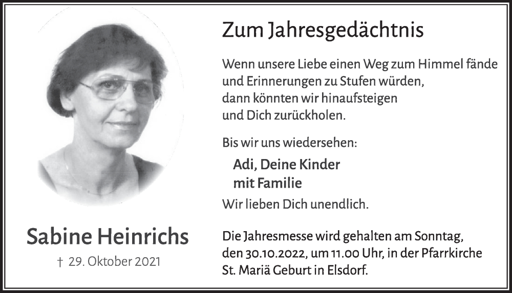  Traueranzeige für Sabine Heinrichs vom 28.10.2022 aus  Werbepost 