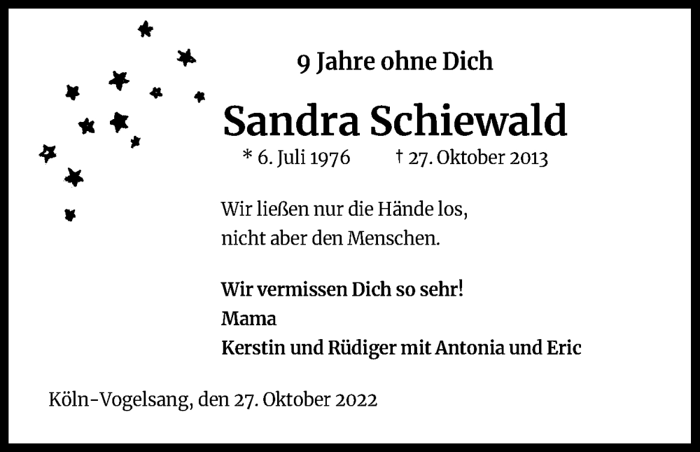  Traueranzeige für Sandra Schiewald vom 29.10.2022 aus Kölner Stadt-Anzeiger / Kölnische Rundschau / Express