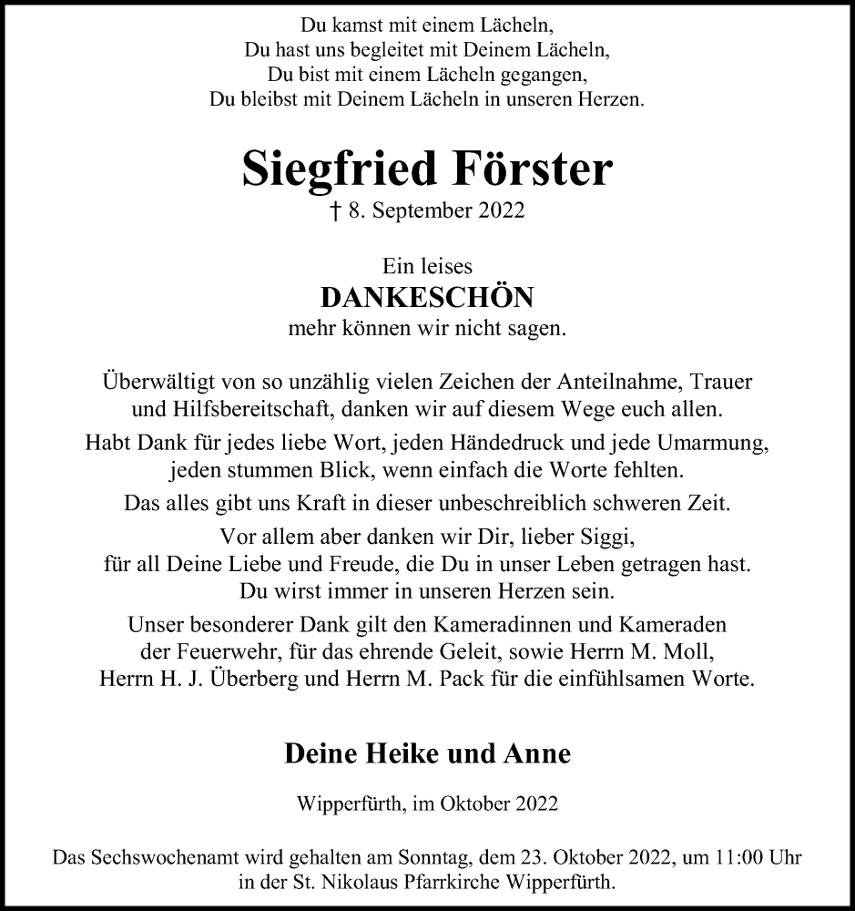  Traueranzeige für Siegfried Förster vom 15.10.2022 aus Kölner Stadt-Anzeiger / Kölnische Rundschau / Express