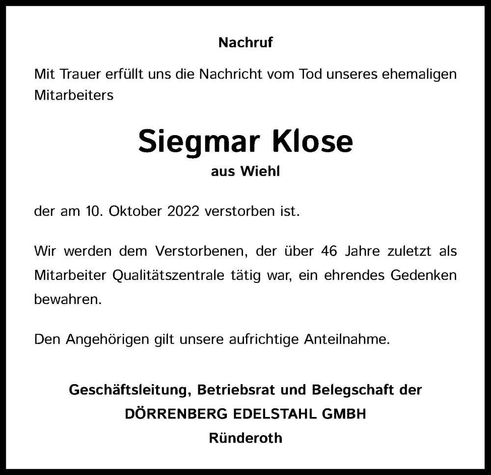  Traueranzeige für Siegmar Klose vom 28.10.2022 aus Kölner Stadt-Anzeiger / Kölnische Rundschau / Express