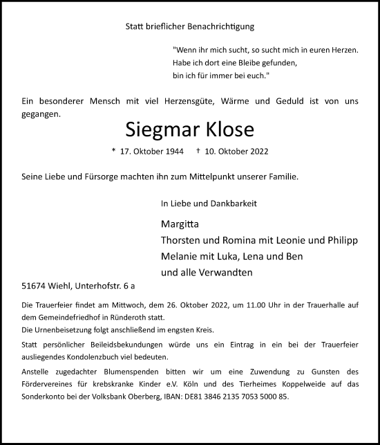Anzeige von Siegmar Klose von Kölner Stadt-Anzeiger / Kölnische Rundschau / Express