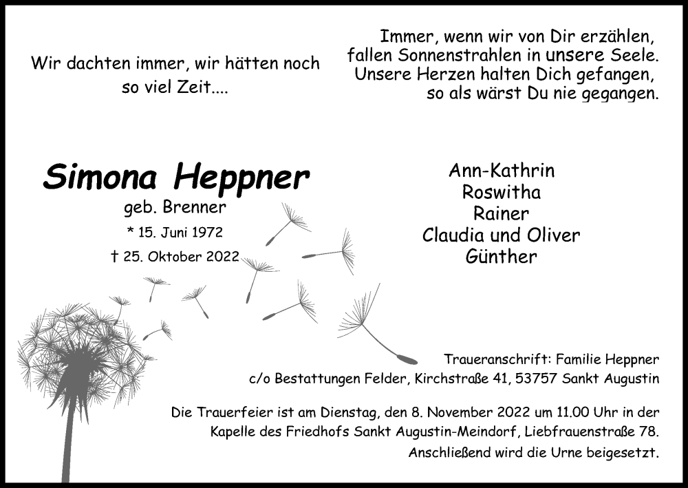  Traueranzeige für Simona Heppner vom 29.10.2022 aus Kölner Stadt-Anzeiger / Kölnische Rundschau / Express