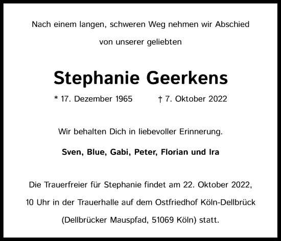 Anzeige von Stephanie Geerkens von Kölner Stadt-Anzeiger / Kölnische Rundschau / Express
