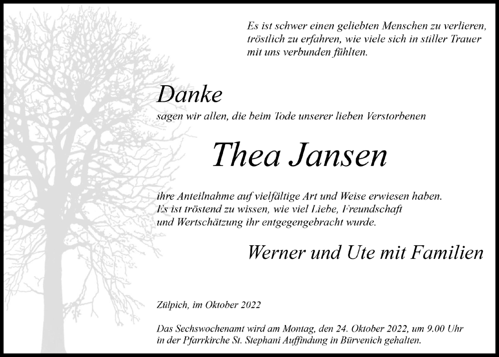  Traueranzeige für Thea Jansen vom 15.10.2022 aus  Blickpunkt Euskirchen 