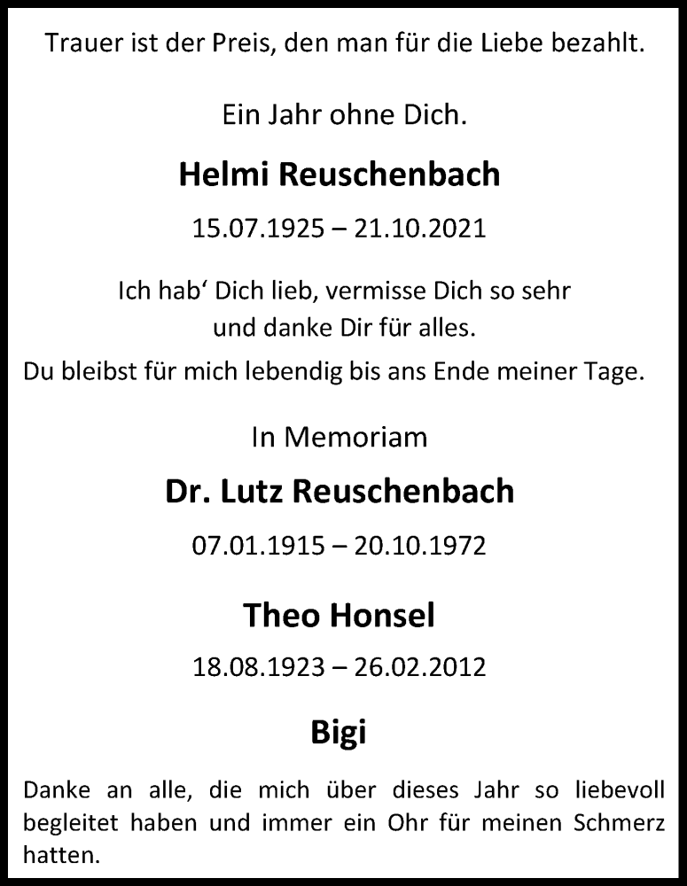  Traueranzeige für Theo Honsel vom 22.10.2022 aus Kölner Stadt-Anzeiger / Kölnische Rundschau / Express