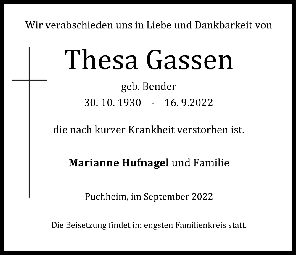  Traueranzeige für Thesa Gassen vom 01.10.2022 aus Kölner Stadt-Anzeiger / Kölnische Rundschau / Express
